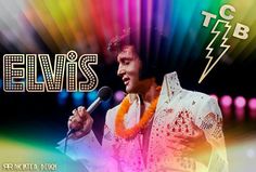 elvis presley singing into a microphone in front of colorful lights and the words elvis on it