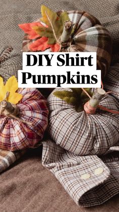 three decorative pumpkins sitting on top of a couch next to leaves and plaid pillows