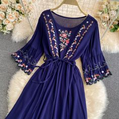 Sweet long-sleeved embroidered dress Material: blended Color: white, blue, red, yellow Size(cm): free size length 115 bust 110 waist 102 Casual Long Floral Embroidery Dresses, Blue Long Sleeve Midi Dress For Spring, Long Embroidered Dresses For Fall, Long Embroidered Dress For Fall, Embroidered Long Dress For Fall, Embroidered Fitted Long Sleeve Dresses, Long Dresses With Embroidered Sleeves, Spring Long Dress With Embroidered Hem, Long Spring Dress With Embroidered Hem