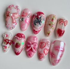 Care Bear Acrylic Nails, Care Bear Nail Art, Charms On Nails, Care Bears Nail Art, Rush Nails, Care Bear Press On Nails, Gyaru Press On Nails