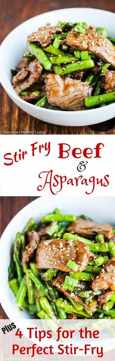 two white plates filled with meat and asparagus on top of a wooden table