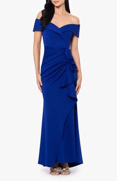 Xscape Evenings Off the Shoulder Ruffle Scuba Gown | Nordstrom Scuba Gown, Formal Wedding Guest Dress, Trumpet Gown, Formal Dresses Gowns, Mermaid Gown, Multicolor Dress, Gala Dresses, Date Night Dresses, Formal Dresses For Women