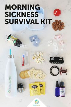 the contents of a morning sickness survival kit laid out on a marble surface with text overlay