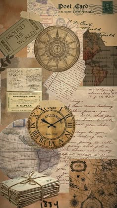 a collage of postcards with clocks, letters and other things on them that are all over the place