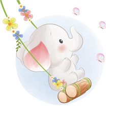 an elephant is swinging on a branch with flowers