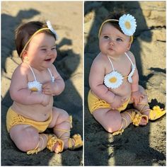 two pictures of a baby wearing a yellow diaper and holding a flower in its mouth