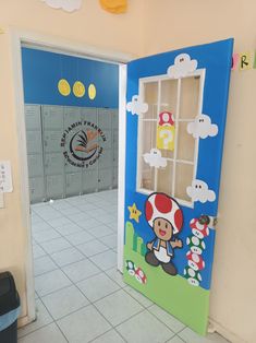 an open door with a mario mushroom theme painted on the front and side doors to other rooms