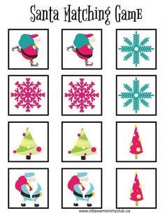 santa matching game for kids to play with the christmas tree and snowflakes