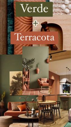 Color Pallet Terracota, Living Room Green Sofa Colour Schemes, Terra Cotta Living Room Decor, Terracota House Interior, Terracotta And Green Decor, Evergreen Fog And Terracotta, Orange Wood Bedroom, Boho Farmhouse Living Room Paint Colors, Green Terra Cotta Color Palette