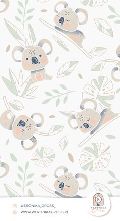 koalas and leaves on a white background for wallpaper or wrapping paper,