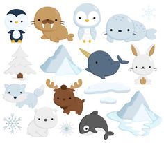 an assortment of animals and snowflakes on a white background