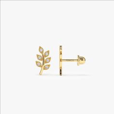 "Piercing / 14k Gold Leaf Stud Earrings / Dainty earrings / Tragus Piercing / Helix Piercing / Cartilage Earrings by Ferko's Fine Jewelry Item Details * Made to Order * Gold Kt: 14K * Available Gold Color: Rose Gold, Yellow Gold, White Gold * Length & Width: 11 x 5.25 MM * Length of Bar: 5.6 MM * Round Diamonds: 12 pcs 1.3MM (pair) * Total CTW: 0.14 ctw (pair) * Diamond Color-Clarity: G Color SI Clarity Be sure to hit \"favorite\" on the right so it remains in your favorites list and/ or add to Piercing Cartilage, Diamond Signet Ring, Tragus Piercing, Gold Armband, Earring Gold, Diamond Cross Pendants, Tragus Piercings, Earrings Dainty, Ruby Jewelry