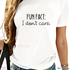 Orcajump - I Don't Care Print T-Shirt, Summer Short Sleeve Casual Top, Women's Clothing Funny Crew Neck Top With Text, Casual Tops With White Funny Print, Funny Text Crew Neck Top, Funny Crew Neck Tops With Letter Print, Casual Funny Text Crew Neck T-shirt, Casual Crew Neck T-shirt With Funny Text, Fun Slogan Crew Neck Top, Fun White Print Crew Neck Tops, Casual White Letter Print Tops