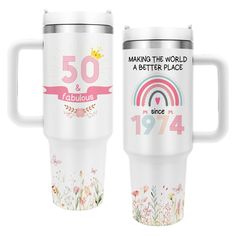 two white travel mugs with the words, making the world a better place since