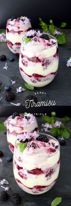 three desserts with berries and cream in them