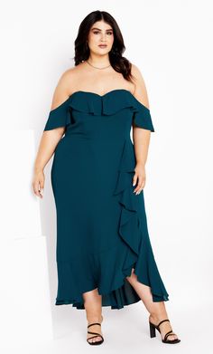 Elevate your occasion wear with the Remy Maxi Dress - the embodiment of grace and glamour. Featuring a captivating ruffled sweetheart neckline and the option of off-shoulder ruffle with attachable shoulder straps, it's versatility at its finest. The back invisible zip closure ensures seamless style, while the concealed shirring beneath the arms guarantees a comfortable, flexible fit. Key Features Include: - Ruffled sweetheart neckline - Off-shoulder ruffle with optional attachable shoulder strap Off The Shoulder Dress Formal, Knitwear Style, Formal Occasion Dress, Dresses Date Night, City Chic Dresses, Evening Dresses Online, Maxi Bridesmaid Dresses, Maxi Dress Wedding, Women's Evening Dresses