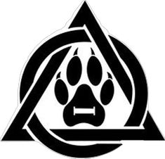 a black and white logo with a dog paw in the center, on top of a triangle