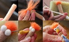 the process of making an orange and white bird puppet