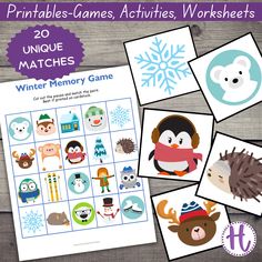 winter memory game with pictures of animals and snowflakes