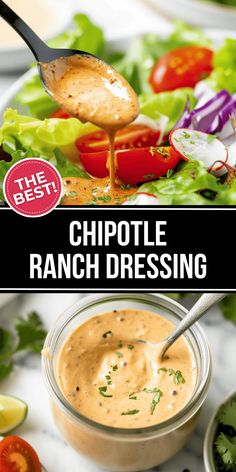 chipotle ranch dressing in a glass bowl with a spoon on the side and lettuce