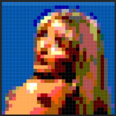 an image of the face of a woman made out of squares in blue and orange