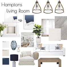 living room mood board with white furniture and blue accents in shades of gray, beige, and white