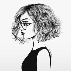 a black and white drawing of a woman with glasses