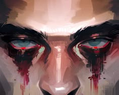 an artistic painting of a man's face with blood dripping down the eyes and nose