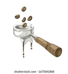 coffee beans falling into a cup with a wooden spoon on the side that is being poured over it