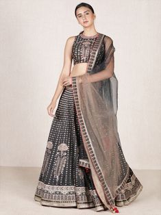 Ri.Ritu Kumar-Black & Beige Lehenga Set With Dupatta-INDIASPOPUP.COM Lehenga Black, Vani Vats, Black Lehenga, Mirror Embroidery, Embroidered Lehenga, Indian Wedding Wear, Black Flare, Organza Fabric, Contemporary Outfits