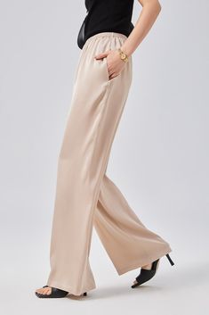 Fibflx Women's Loose Fit High Waist Wide Leg Silk Pants Beige Pants For Spring Evening, Chic Rayon Wide-leg Pants, Elegant Wide Leg Rayon Pants, Elegant Wide-leg Pants With Elastic Waistband, Elegant Ankle-length Wide Leg Pants With Elastic Waistband, Chic Formal Dress Pants With Elastic Waistband, Rayon Wide-leg Workwear Pants, Versatile High-waisted Viscose Pants, Beige Wide Leg Bottoms For Evening