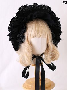 The price is for a bonnet only, others are not included.  The two big flowers on the bonnet are black.  The two small flowers can be black or wine-red. Elegant Black Adjustable Bonnet, Elegant Adjustable Black Bonnet, Vintage Black Hat For Spring, Vintage Black Costume Hats For Spring, Vintage Black Mini Hat For Spring, Reasons To Smile, Big Flowers, Lolita Fashion, Small Flowers