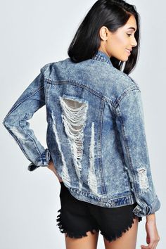 boohoo Amarah Acid Wash Ripped Denim Jacket - blue £35.00 by boohoo.com Ripped Jacket, Destroyed Denim Jacket, Ripped Denim Jacket, Cute College Outfits, Denim Refashion, Bleached Jeans, Jeans Jacket