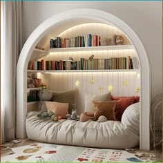 a white bed with bookshelves and stuffed animals on the bottom shelf in front of it