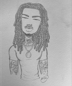 a drawing of a man with dreadlocks and tattoos on his arm, wearing a necklace