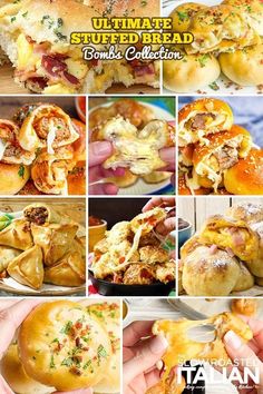 the ultimate stuffed bread bomb collection is shown in many different pictures, including buns and rolls