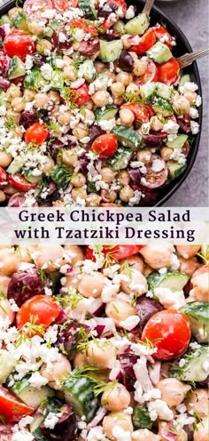 greek chickpea salad with tzatzkah dressing in a black bowl