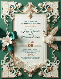 an ornate wedding card with green ribbon and flowers