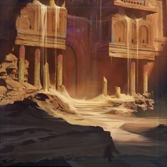 a digital painting of an ancient building in the desert