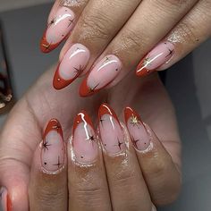 October Inspo Nails, Pumpkin French Tips Nails, Pumpkin Biab Nails, French Tips Autumn, Pumpkin French Manicure, Cute Fall Pumpkin Nails, Autumnal French Tips, Winter Orange Nails, Fall Nails Inspo Almond