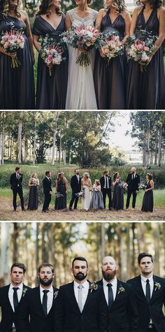 the bride and grooms are posing for pictures in their wedding party attire, with one man wearing a black tuxedo