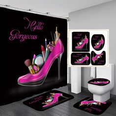 the bathroom is decorated in pink and black with high heeled shoes on the floor