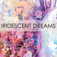 the words, iridescent dreams are overlaid with pink roses and purple flowers