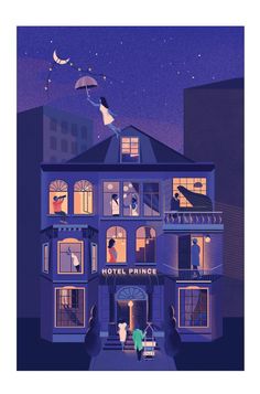 an illustration of people standing in front of a blue building with the words hotel prince on it