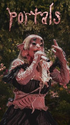 a woman in costume singing into a microphone with the words portraits over her face and trees behind her