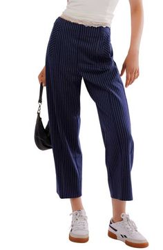 A pinstripe pattern and ankle-grazing straight legs offer timeless style in these straight-leg pants crafted with plenty of stretch to keep you moving. 25 1/2" inseam; 21" leg opening; 12" front rise; 14" back rise (size 8) Hidden side-zip closure Back welt pockets 64% polyester, 35% viscose, 1% elastane Machine wash, line dry Imported Pinstripe Straight Leg Bottoms For Business Casual, Pinstripe Straight Leg Business Casual Bottoms, Straight Leg Bottoms With Vertical Stripes For Business, Chic Pinstripe Bottoms For Workwear, Pinstripe Tapered Leg Business Casual Pants, Spring Pinstripe Business Casual Pants, Vertical Stripes Ankle-length Workwear Bottoms, Pinstripe Straight Leg Work Bottoms, Vertical Stripes Ankle-length Work Pants