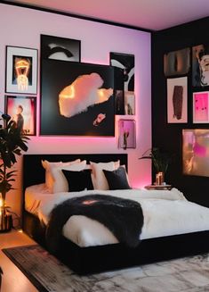 Bedroom Decor Inspiration Modern, Woman's Bedroom Decorating Ideas, Black Teen Room Ideas, Dark Themed Apartment, Luxury Looking Bedroom, Black White Aesthetic Bedroom, Classy Feminine Bedroom, Black Room Ideas For Girls Bedrooms, Aesthetic Room Color Ideas Bedroom