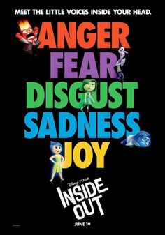 the movie poster for inside out, featuring various characters and words in different colors on black background