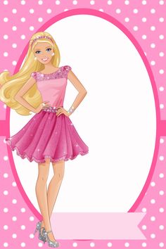 a barbie doll standing in front of a pink frame with polka dots on the border