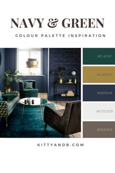 the navy and green color palette is shown in this living room